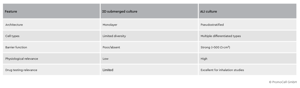  Comparison of characteristics of 2D submerged cultures and ALI cultures