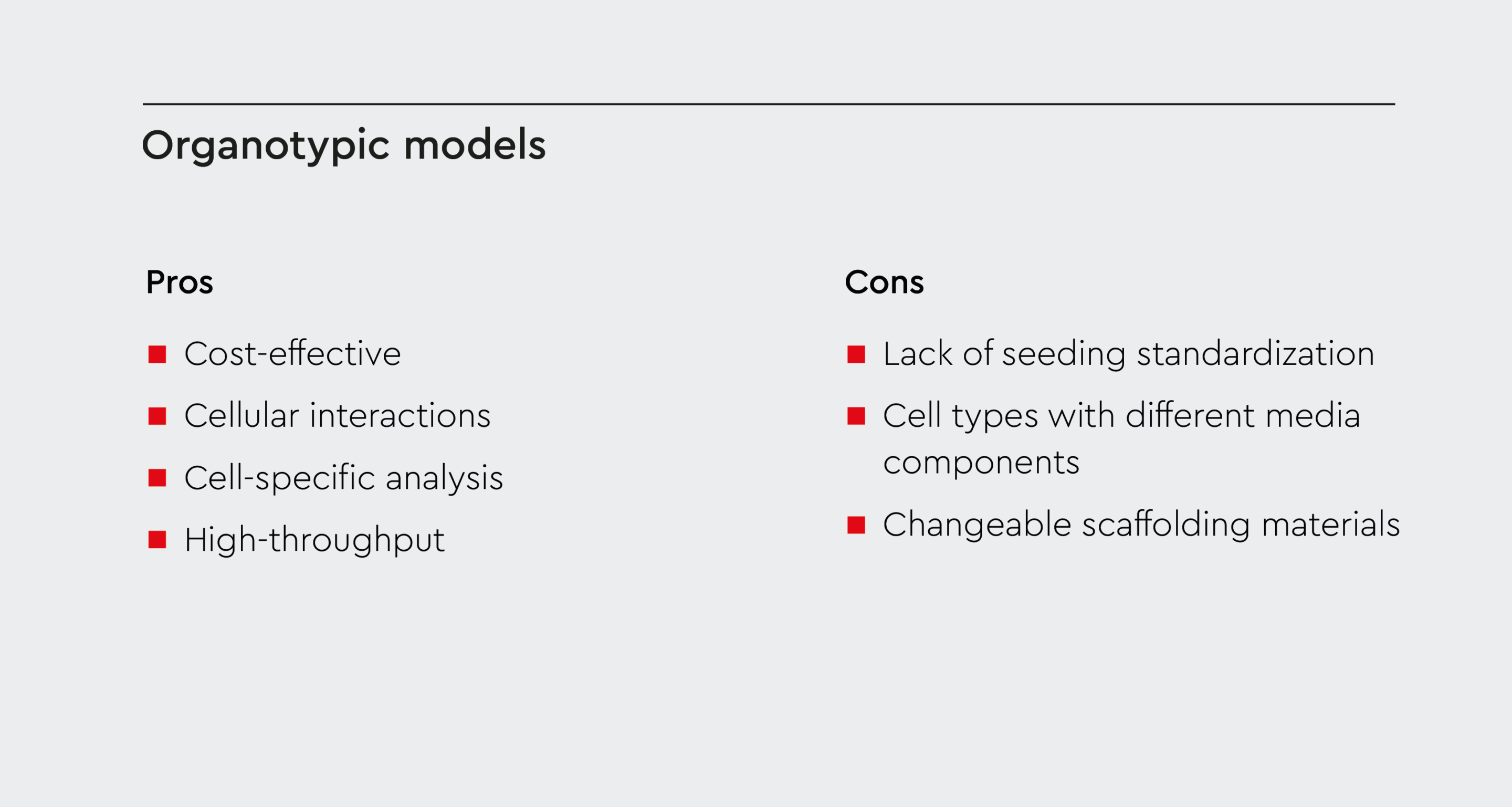 Pros and cons of organotypic models.
