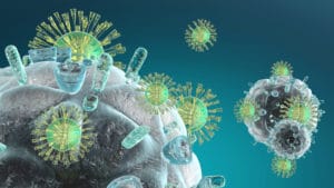 3D Illustration of Immune System cells attacking a HIV Virus